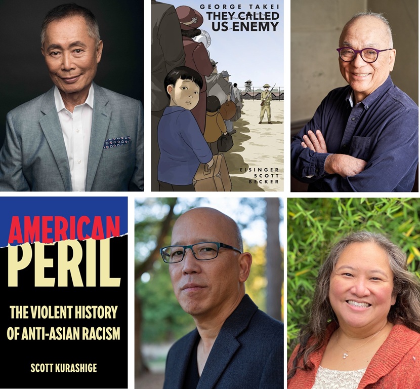 Clockwise, from left to right: Photo of George Takei, cover of "They Called Us Enemy," by George Takei, photo of Frank Abe, photo of Tamiko Nimura, photo of Scott Kurashige, and book cover of 'American Peril."