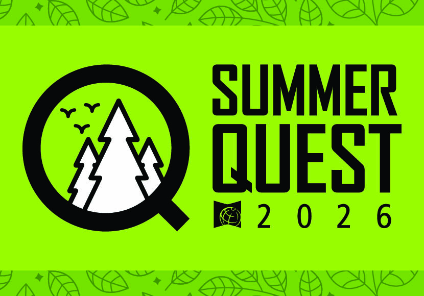 Graphic image that says Summer Quest 2026 and has an image of a magnifying class doing a closeup of a mountain.