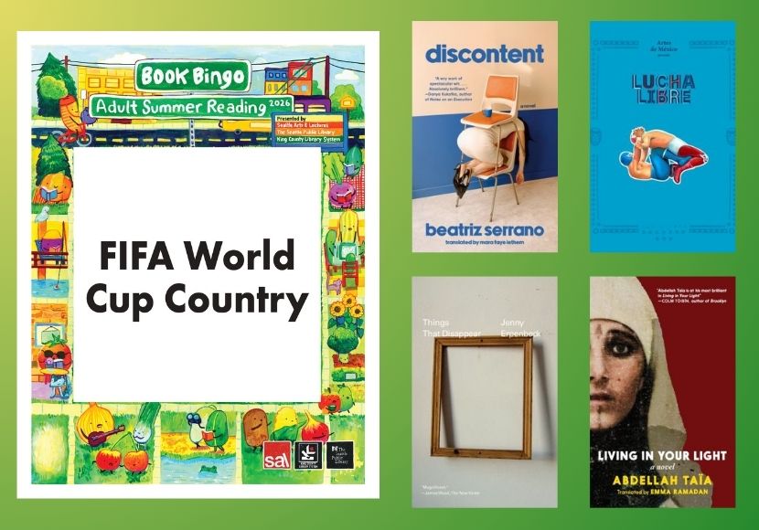 Image with the words: Book Bingo Adult Summer Reading 2026: FIFA World Cup Country, next to 4 book covers.