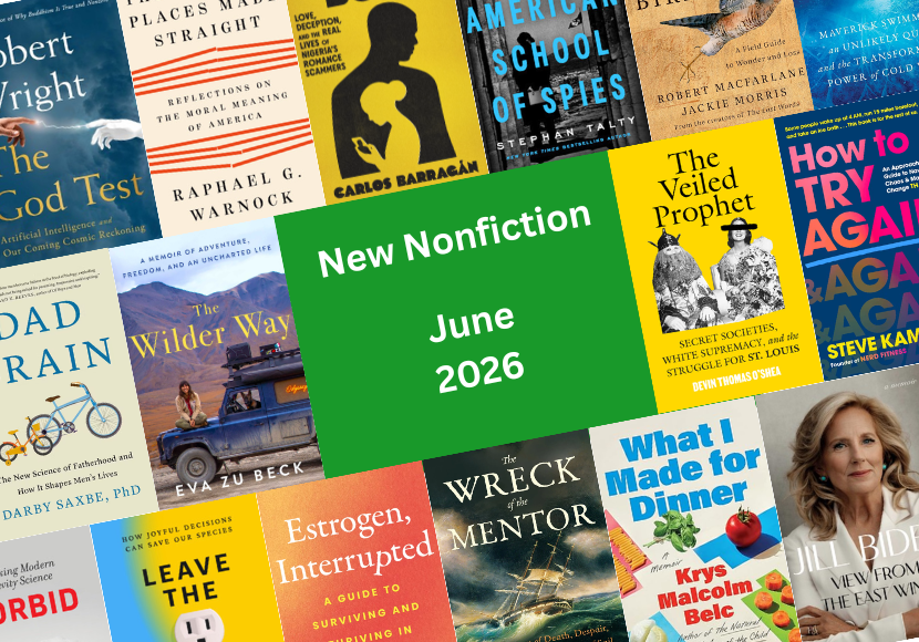Green square with the words "New Nonfiction June 2026" surrounded by an array of books