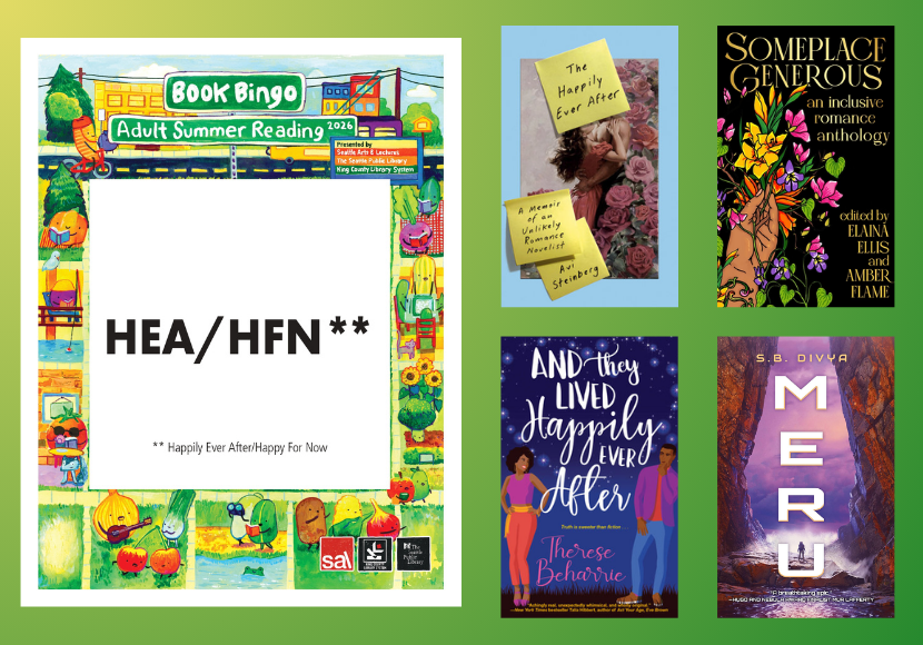 Image of the 2026 Book Bingo card with the words "HEA/HFN** Happily Ever After/Happy for Now" next to an array of book covers