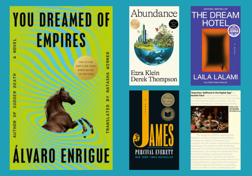 Five book covers: You Dreamed of Empires, Abundance, Searches, James and The Dream Hotel