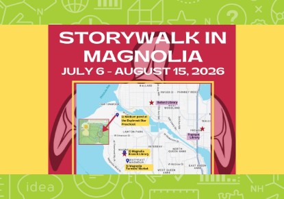 Image of a map with the words "Storywalk in Magnlia July 6-August 15, 2026" written on top