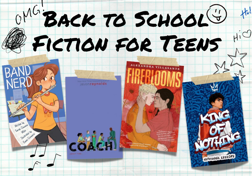 Image of four book titles with the text 'Back to School Fiction for Teens"