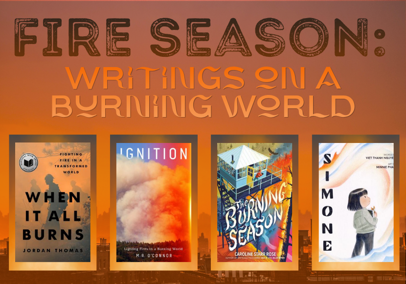 The words "Fire Season: Writings on a Burning World" are above an array of book covers