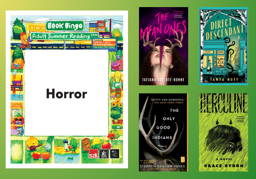 Image of the 2026 Book Bingo card with the word "Horror" next to an array of book covers