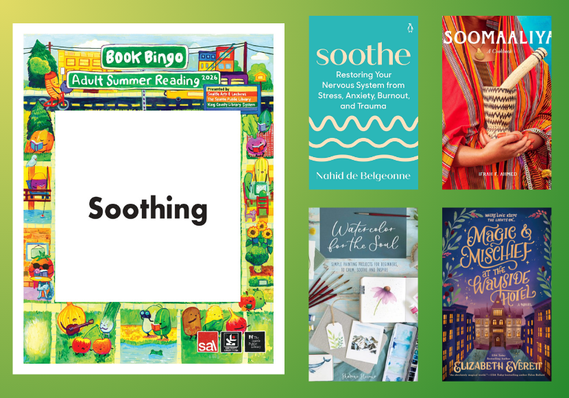Image of the 2026 Book Bingo card with the word "Soothing" next to an array of book covers