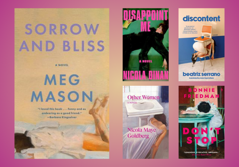 Five book images on a pink and cream background