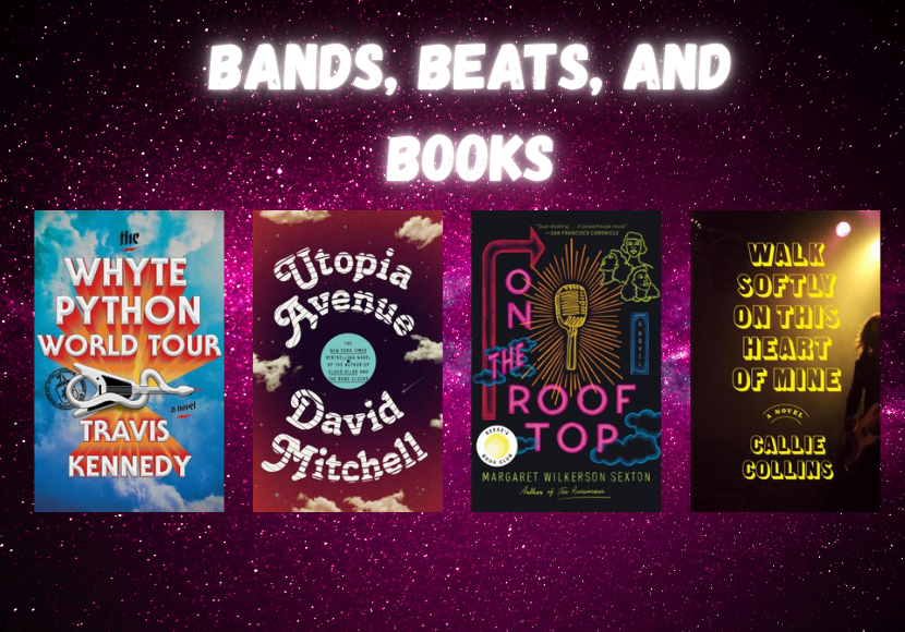 The words "Bands, Beats and Books" over a background image, above four book covers.