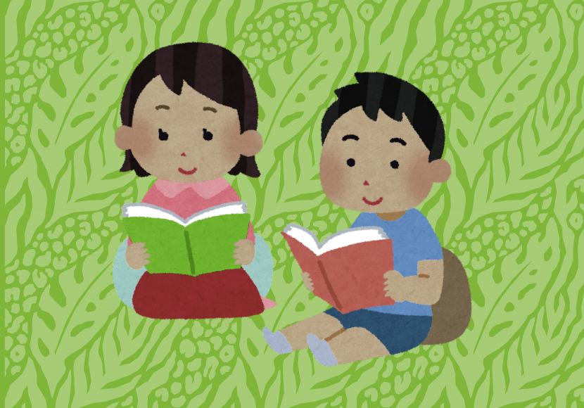 Two children reading books on a green background