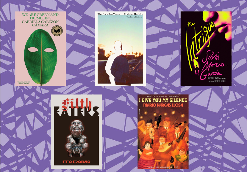 An array of book covers on a purple background