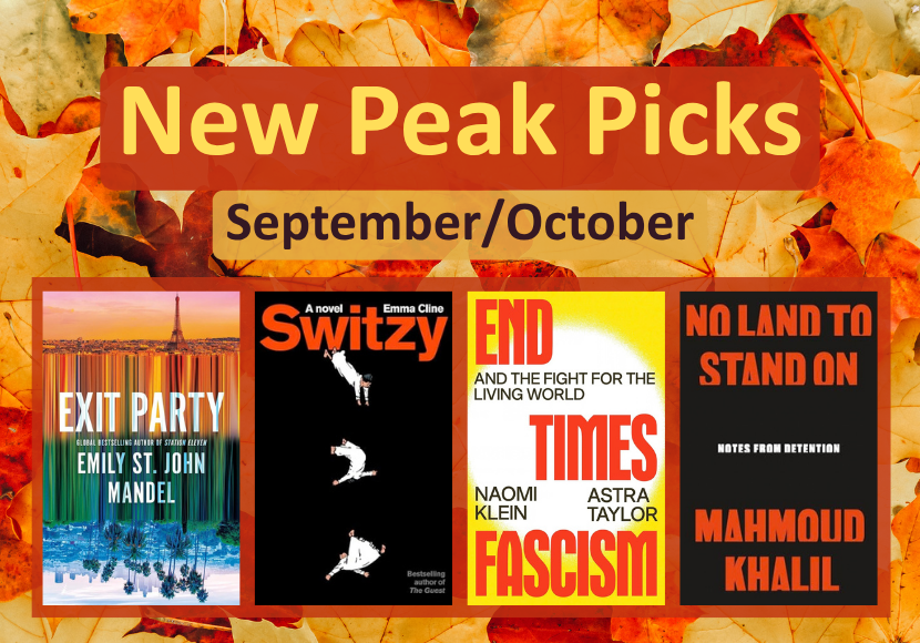 The words "new peak picks September October" above four book images on a background of fall leaves