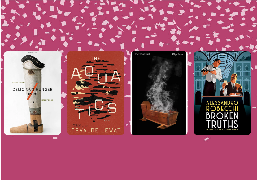 An array of book covers over a maroon background