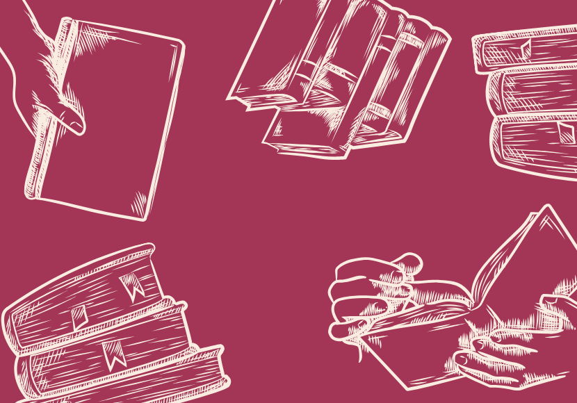 Maroon background with white images of books