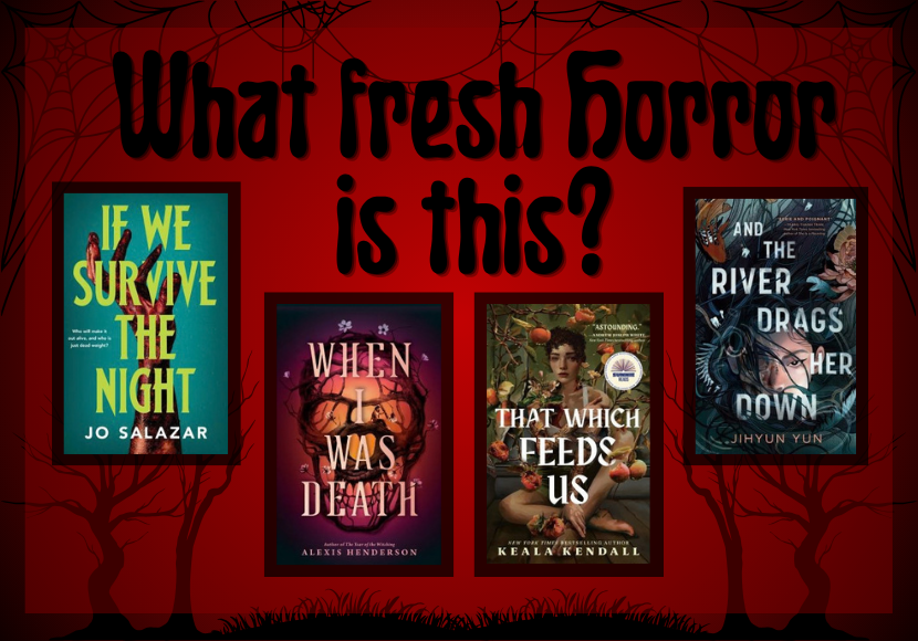 The question what fresh horror is this? above four book images on a red background decorated with ghostly trees and spiderwebs