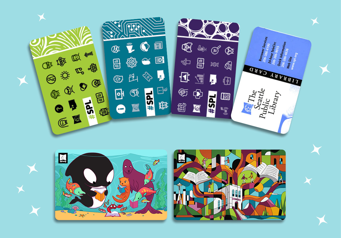 Image showing six Library card designs: Top row shows three colorful cards with small icons on them plus one blue and white card, and the bottom row shows one card depicting sea animals reading books together, and one showing people wandering around a colorful landscape of books, a library, and the Space Needle.